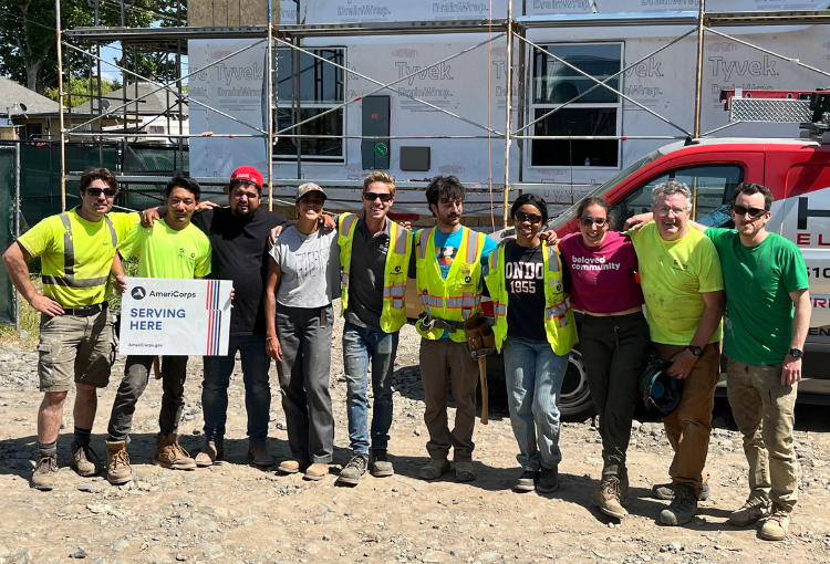 Volunteers building on a Habitat construction site