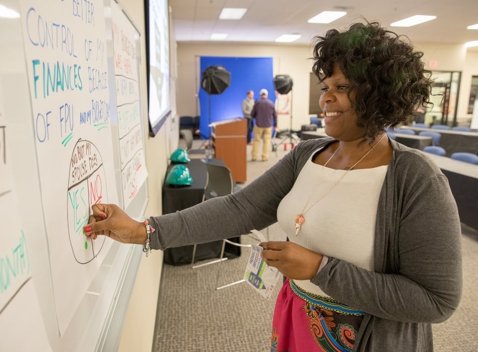 Woman at the white board in financial workshop